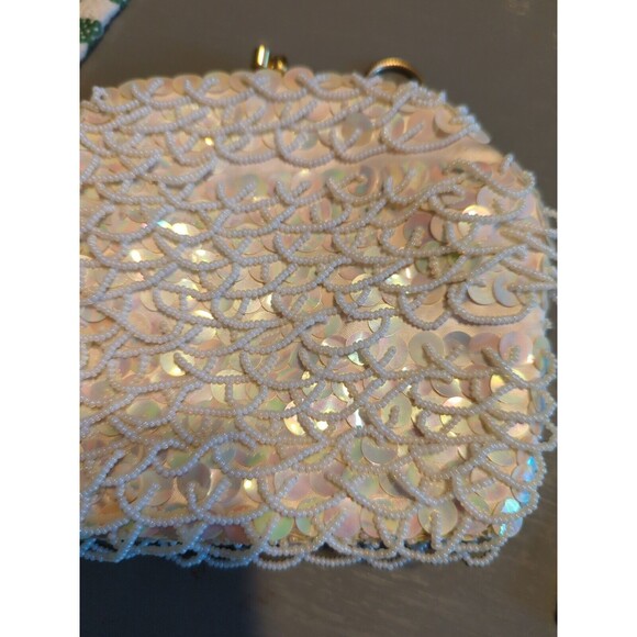 Clutch Evening Bag White Bead Sequin Vintage Wire Strap Hong Kong - Picture 5 of 10